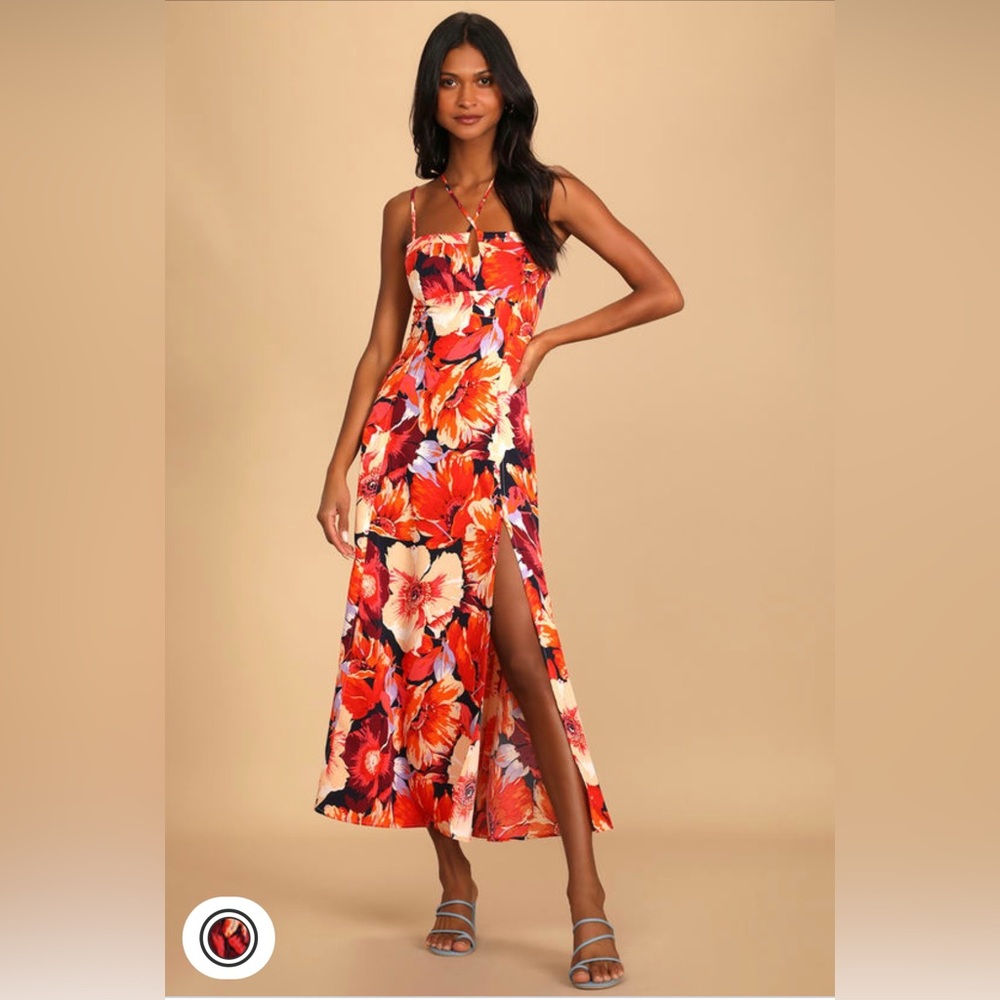 Lulus Orange and Navy Floral Maxi Dress